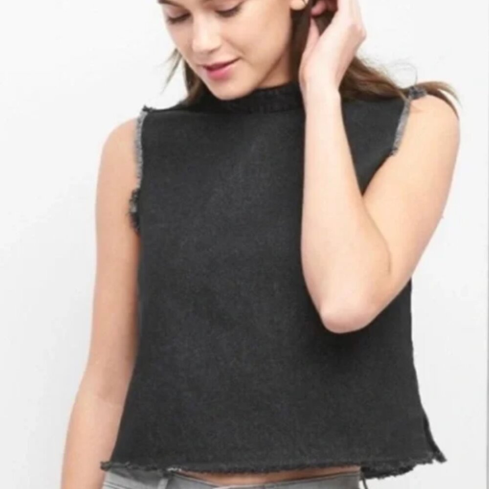 Gap 1969 Black Denim Mock Neck Frayed Raw Hem Sleeveless Shirt Large